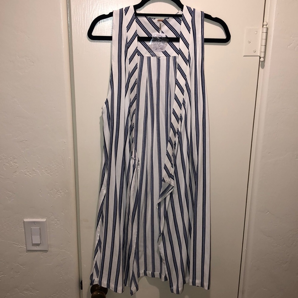 Free People White + Blue Pin Stripe Extra Long Top